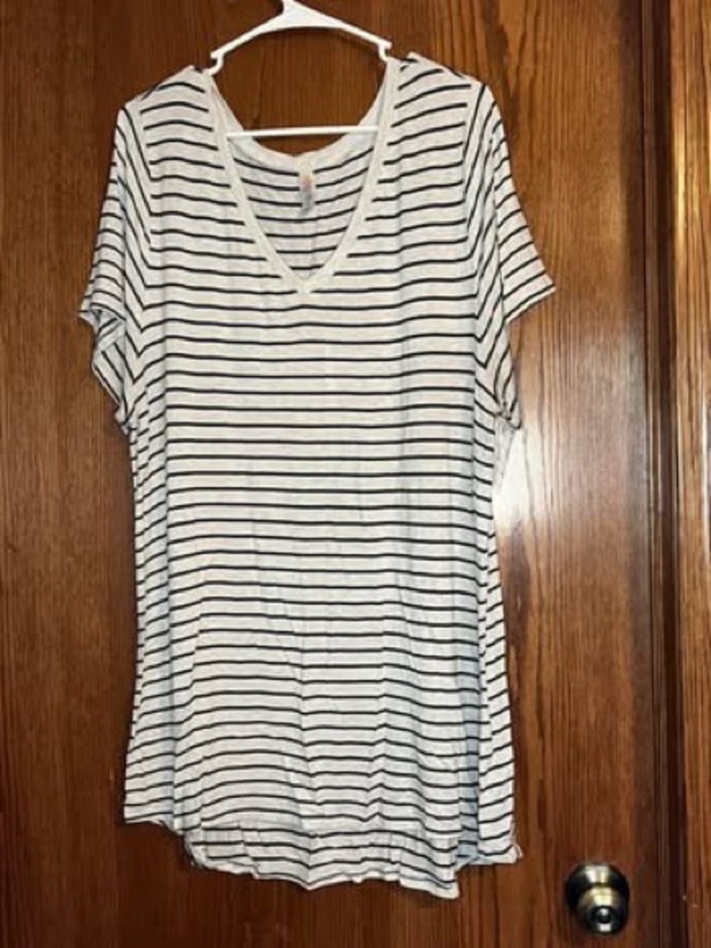 LuLaRoe White Short Sleeve V-Neck Top with Black Stripes